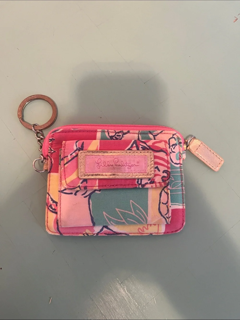 Lilly Pulitzer Pink Floral Key & Card Holder with Teal Accents